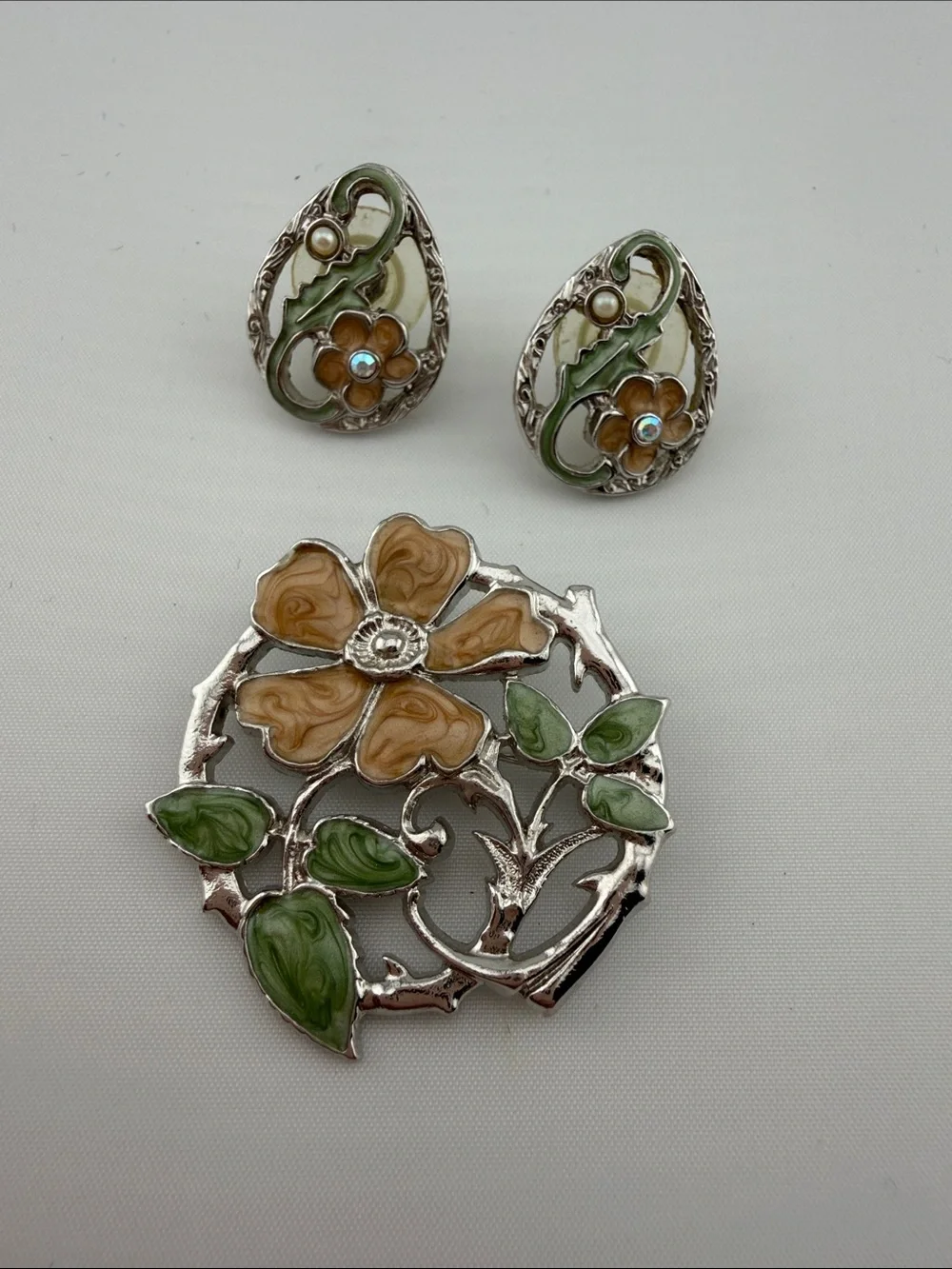 Vintage Enamel Floral Brooch and Earring Set in Cream and Green